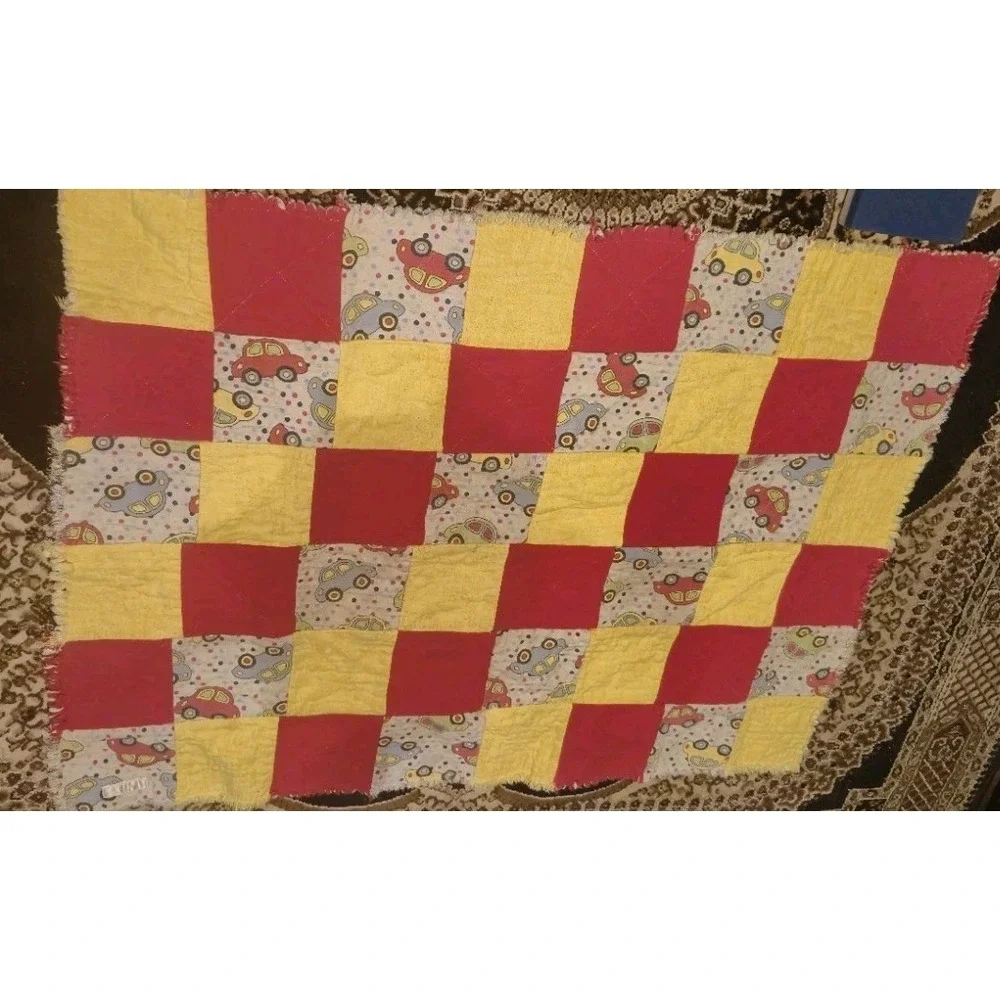 Handmade Rag‎ Quilt Baby Blanket  Red Yellow Cars Patchwork 37x27